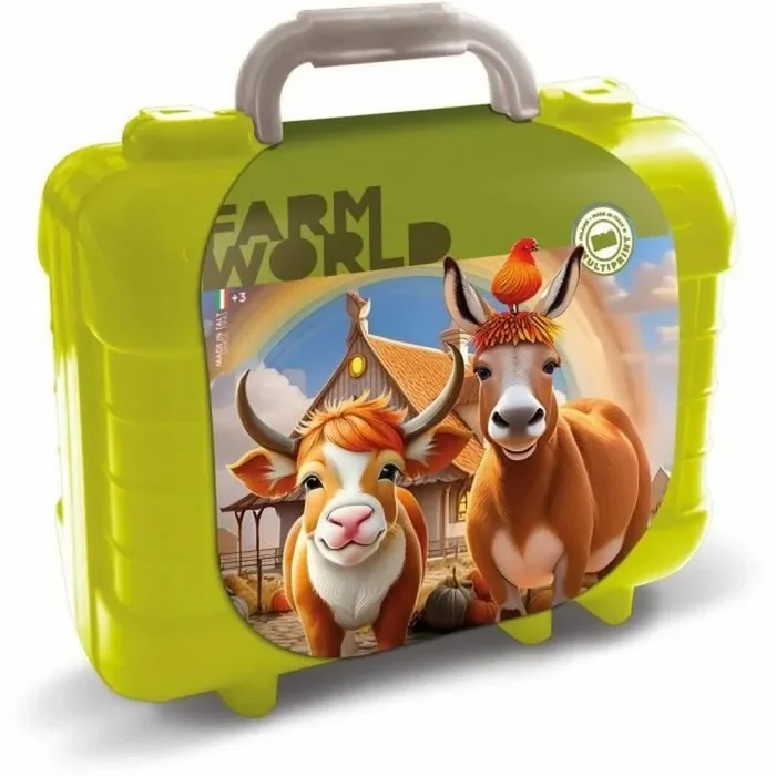 Multiprint Valija Travel Set Happy Farm, Made in Italy, Libro para Colorear, con Rompecabezas y Lápices, Set Sellos Niños Persolanizados, en Madera y Caucho Natural, Tinta Lavable no Tóxica, Idea de Regalo,, art.42924