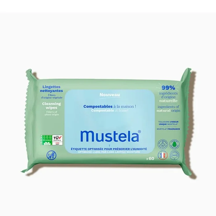 Mustela Toallitas Higiénicas Perfumadas Compostables, 100% Fibras Lyocell de Origen Vegetal, Cuerpo y Maquillaje, Bebé y Familia – 99,5% Ingredientes de Origen Natural (60 uds)