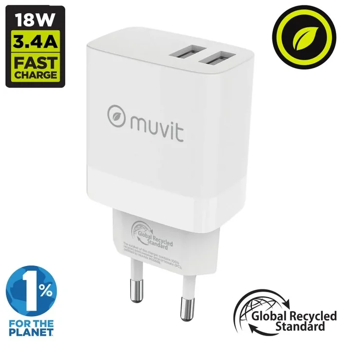 muvit for Change Cargador de Pared 2 USB 3.4A Blanco