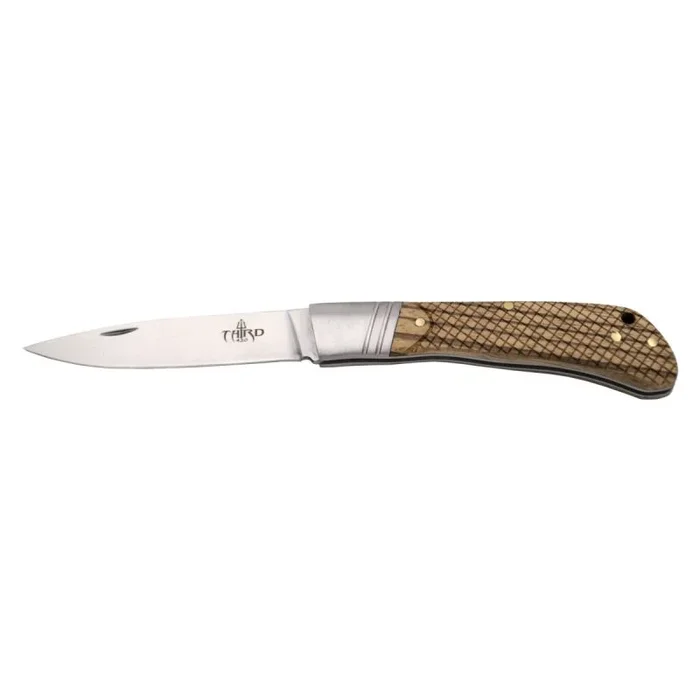 Navaja de bolsillo Third K4111J, mango de madera de zebrano grabado a láser, hoja de 8,6 cm, bloqueo pistón, peso 77 gr, herramienta para uso deportivo, pesca y caza