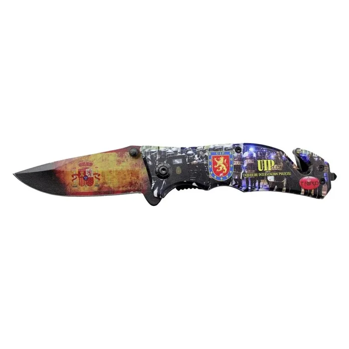 Navaja de seguridad Third K2804UIP, Mango de Aluminio mango con impresión 3D, logo Unidad de Intervención Policial, Hoja Acero 420 de 10 cm, cutter cinturón de seguridad, punta rompevidrio