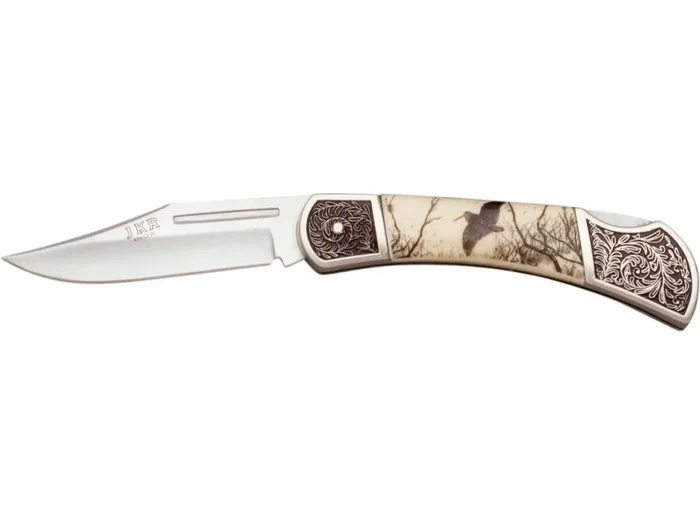 Navaja decorada JKR con mango de aluminio motivo becada, hoja de 7,8 cm, longitud total 18,5 cm, JKR0299