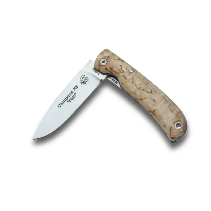 Navaja J&V Campera XS, hoja de acero 14C28N y mango de Madera de Abedul, funda de tela negra, ideal para camping, caza, pesca y actividades outdoor, color madera.