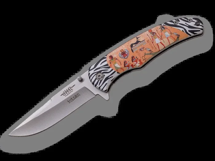 Navaja JKR con apertura , mango de aluminio con motivos egipcios, hoja de acero inox de 8,5 cm, medida total 19 cm, JKR0656