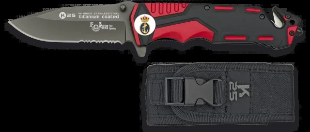 Navaja K25 color roja/negra, mango recubierto de goma, con sistema de apertura Fos, hoja de acero inoxidable con baño de Titanio de 9.4 cm. Incluye cutter cinturón doble, punta rompevidrio, funda nylon y caja a color 19653AGR1037