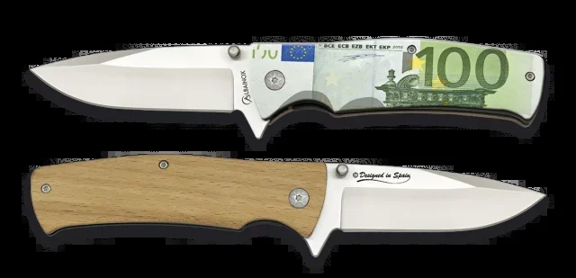 Navaja Martinez Albainox con mango de madera impresión 3d Billete Hoja de acero inoxidable de 8.8 cm con caja a color