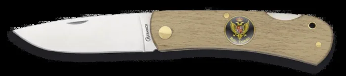Navaja Martinez Albainox con mango de Madera Natural , bloqueo en el puño y hoja de acero inox de 7.3 Cm Botón Damasco
