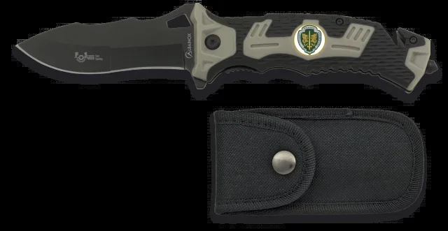 Navaja Martinez Albainox de color Gris, mango ABS-goma, sistema de apertura Fos, Sin Chapa Hoja de acero inoxidable de 9.1 cm . Incluye clip, punta rompevidrio, cutter cinturón de seguridad funda de nylon 19892AGR1048