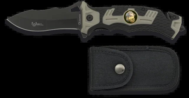 Navaja Martinez Albainox Gris, con mango ABS-goma. hoja de acero inoxidable de 9.1 cm Sin Chapa. Incluye clip punta rompevidrio, cutter cinturón de seguridad y funda de nylon 19892AGR1024