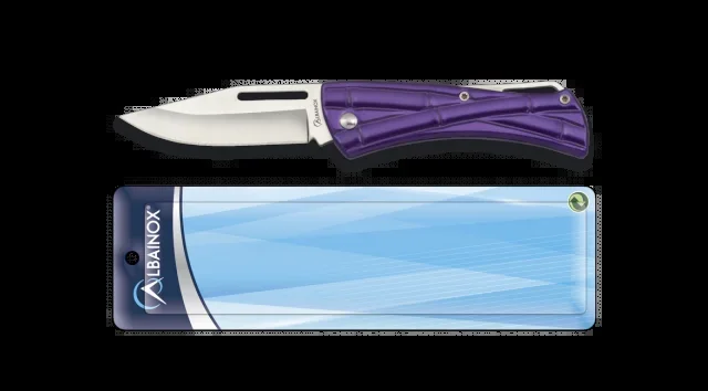 Navaja morada Albainox, hoja de 7 cm de acero inox, mango de acero. en blister