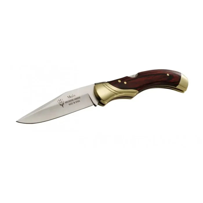 Navaja Muela Serie GL GL-10R, hoja de 9,5 cm, cachas de madera prensada coral y latón, con bloqueo, 190 gr de peso + tarjeta multiusos de regalo