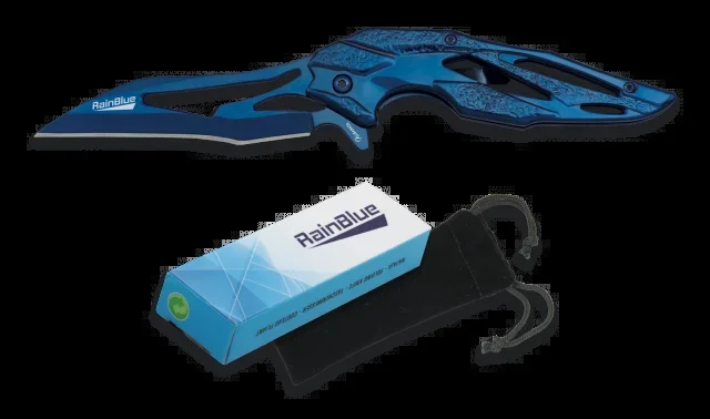 Navaja Rainblue, mango de acero, hoja de acero inox de 9,8 cm, funda de terciopelo