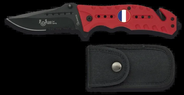 Navaja Roja Martinez Albainox con Sistema » Fos » Chapa con mango de fibra engomado y hoja de acero inoxidable de 8.6 cm . Incluye cutter cinturón de seguridad, punta rompevidrio en caja a color 19664AGR1032