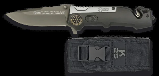 Navaja Rui De Color Titanio – Negro, Hoja De 8,7 Cm, 3 Mm De Grosor, Cutter Cinturón Doble, Navaja Martinez Albainox Con Sierra De 6.5 Cm Para Cuerpos De Seguridad Con Mango Gris, Swat, 19592gr1002