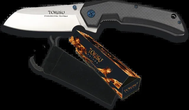 Navaja táctica de estilo japonés Tokisu, mango de fibra de carbono y G-10, hoja de 9 cm con terminación CNC, fácil apertura con una mano
