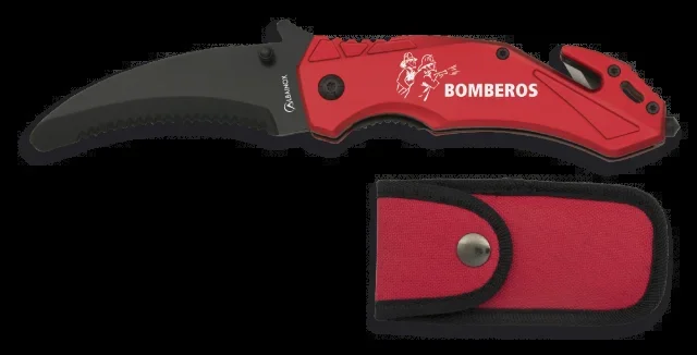 Navaja Táctica de Seguridad Roja Martinez Albainox con mango de aluminio y hoja de acero inoxidable de 8.5 cm. Incluye punta rompevidrio, cutter cinturón seguridad y funda de nylon 19982GR274