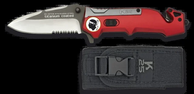 Navaja Táctica Rui con mango recubierto de goma, hoja de acero inoxidable de 8.7 cm con baño de Titanio de color rojo, incluye cutter, cinturón doble, rompevidrio, funda de nylon en caja color 19705GR1053