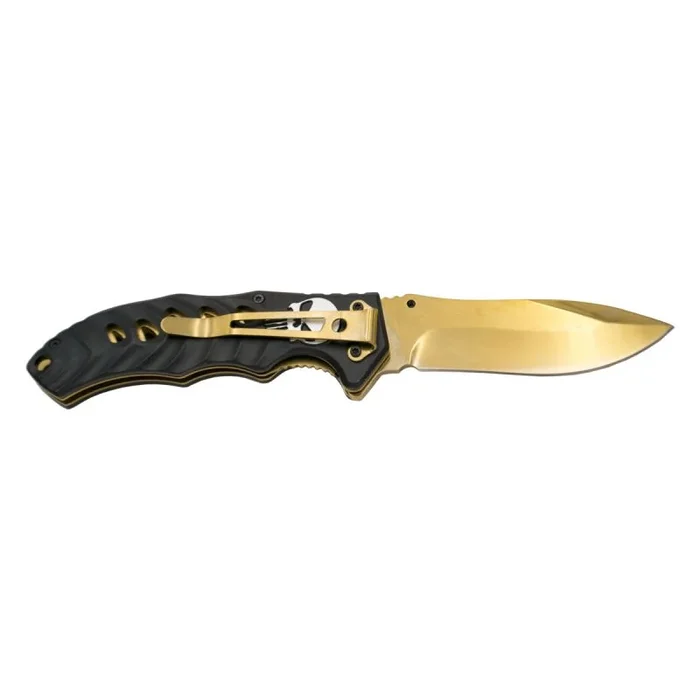 Navaja táctica Third K2814D, mango aluminio negro calavera en plata, hoja acero inox 10 cm, bañada en titanio dorado brillante, herramienta de camping para pesca, caza, actividad deportiva