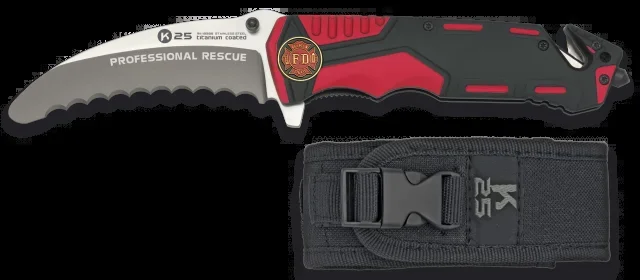 Navaja táctica y negra K25, modelo professional Rescue, hoja de 9,5 cm de acero inox con baño de titanio, mango de aluminio, punta rompevidrio, 19996GR1005