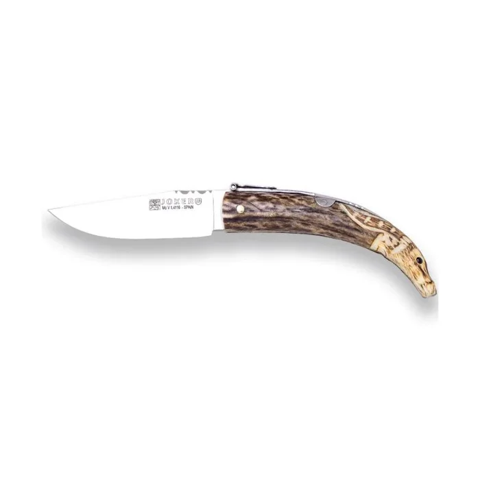 Navaja tallada a mano Joker NC141, motivo macho montés, mango de asta de ciervo tallada y hoja de 8,5 cm, incluye estuche, herramienta de pesca, caza, camping y senderismo