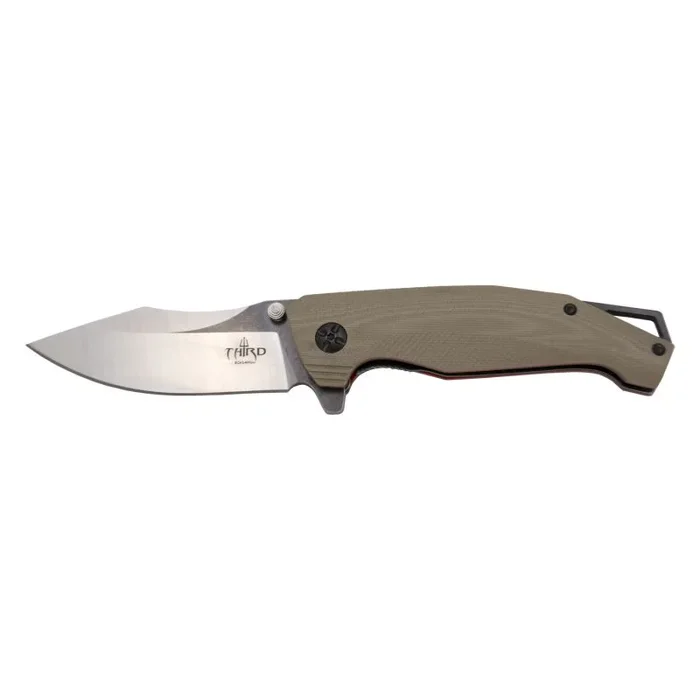 Navaja Third K1931TN, Mango G10 Bicolor camel, Hoja de Acero de 10.4 cm, acabado «Two Tone» en máquina CNC, piedra limpia oscura y corte en satinado. apertura «Ball Bearing», con funda