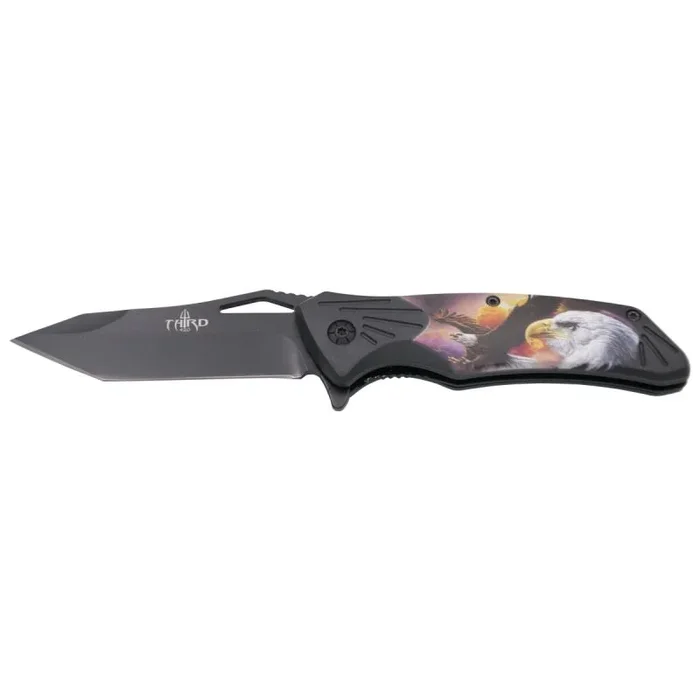 Navaja Third, mango de ABS negro impresión 3D águila, hoja de acero inox de 8,5 cm, con clip, K2915A, herramienta para uso deportivo, pesca y caza