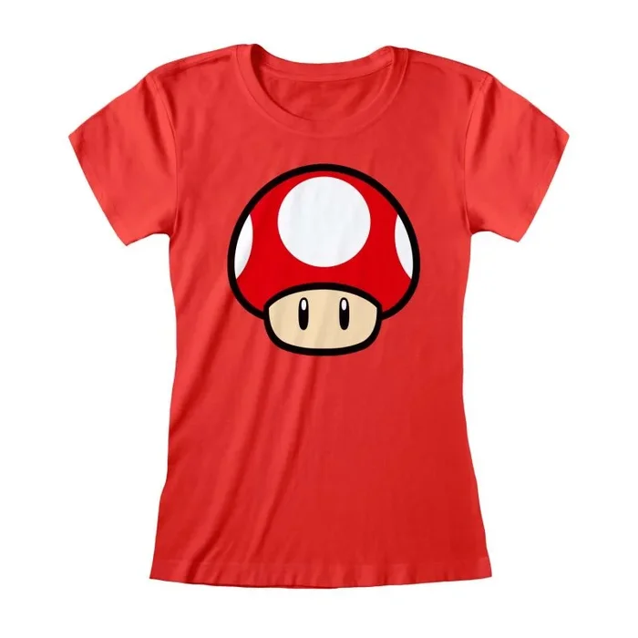 Nintendo super mario – power up mushroom (womens red fitted t-shirt) small