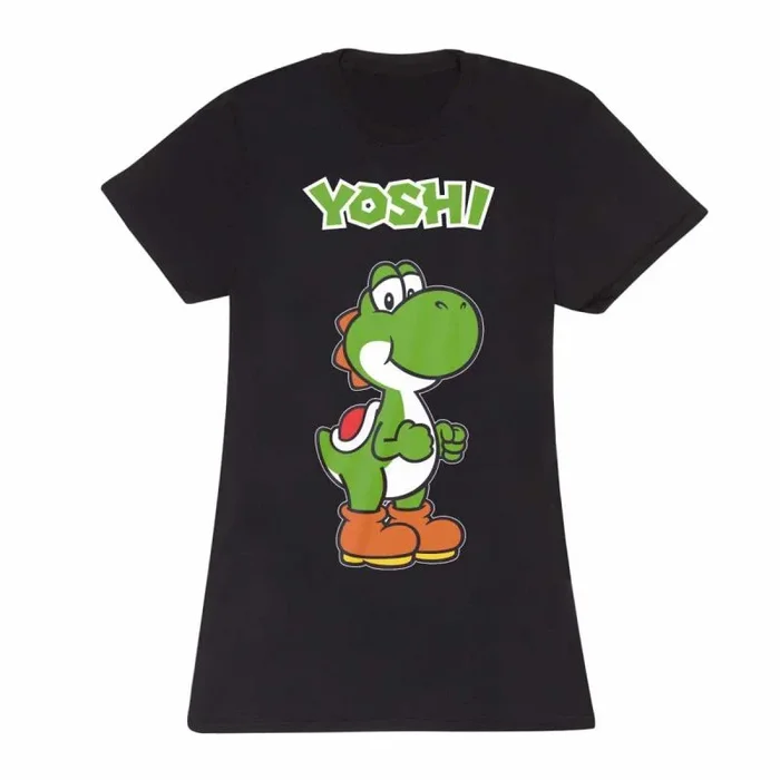 Nintendo super mario – yoshi name tag (womens black fitted t-shirt) ex large