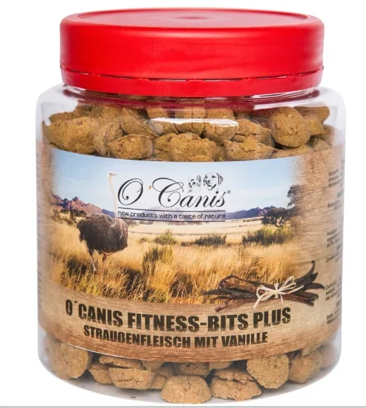 O’canis fitnes bits plus 300g, słoik pet przysmak trenerski: struś z wanilią