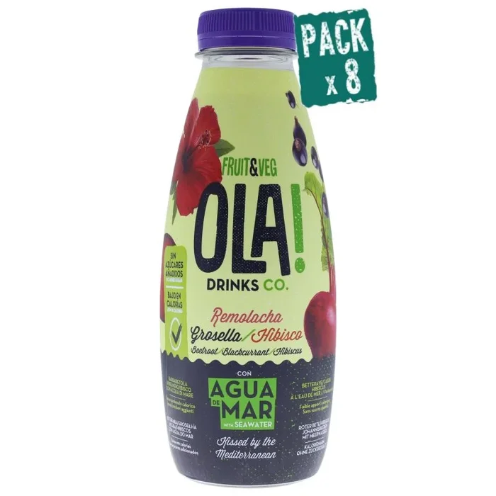 OLA! Pack de 8 refrescos con agua de mar, sabor de Remolacha, Grosella e Hibisco, bebida refrescante con un contenido en zumo del 47%, bajo en calorías y sin azucares añadidos. 500 ml.