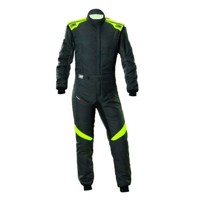 OMP – Traje de Carreras First Evo, FIA 8856-2018, Comodidad y Transpirabilidad, Color Antracita/Fluo Amarillo, Talla 60