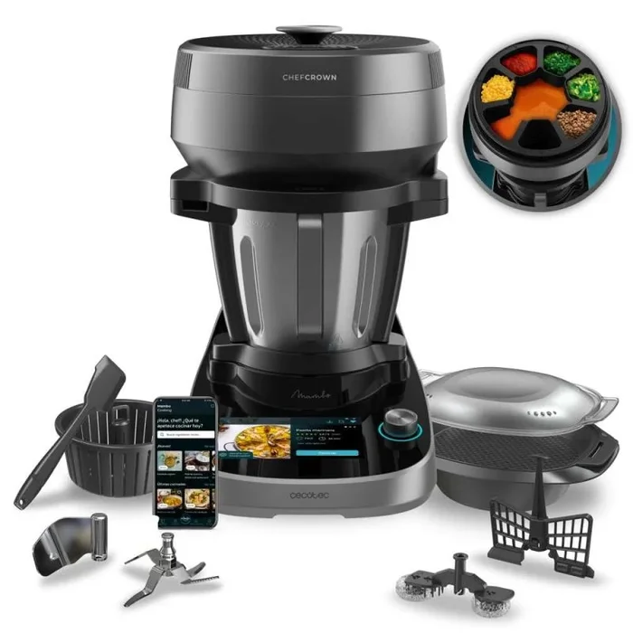 OUTLET Cecotec Robot de Cocina Multifunción con Dispensador de Alimentos Mambo CooKing Victory. 1700W, 45 Funciones, Miles de Recetas Guiadas, Jarra Victory de 4,5L, Accesorios: Vaporera o Cesto para Hervir