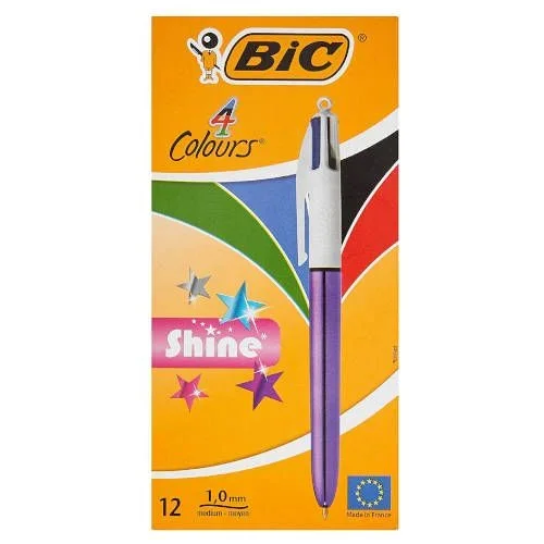 Pack 12 boligrafos de 4 colores shine 1mm con cuerpo purpura metálico bic