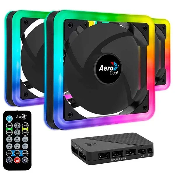 Pack 3xventiladores + hub h66f y control remoto aerocool edge pro argb 140mm anillo led dual conexion 3.4 y 6pin