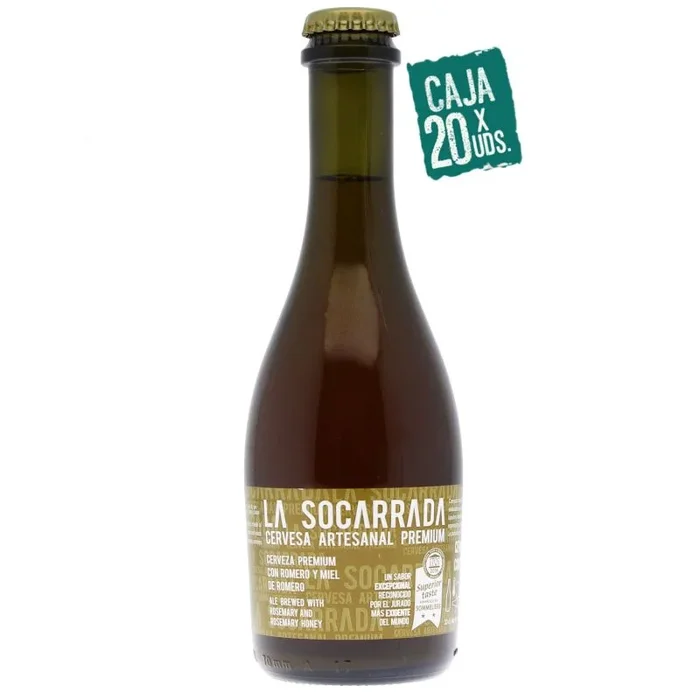 Pack de 20 uds Cerveza artesanal La Socarrada, botella de 33 cl, elaborada con maltas de cebada,, lúpulos, levaduras y miel de romero
