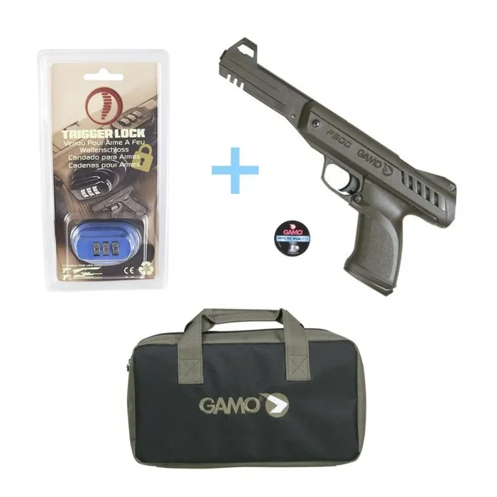PACK JUNGLE Pistola de aire comprimido P-900 Gamo, Potencia de 3,5 Julios, Pistolas de balines Calibre 4,5 mm + Candado de Seguridad Yatek + Porta Armas (Funda Gamo) + Plomos Gamo 4,5 mm.