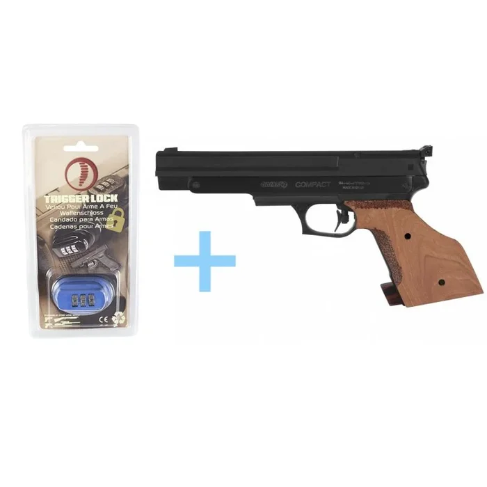 Pack Pistola Aire Precomprimido (CO2) Gamo Compact / Full Metal, pistola perdigones, Potencia de 3 Julios, Gamo 4.5 mm, disparador dos tiempos regulable, cachas de madera + Candado de Seguridad Yatek.
