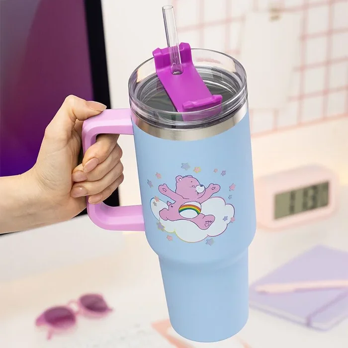 Paladone – Taza térmica azul de 1,2 l y pajita de los Osos Amorosos, botella con licencia oficial para beber agua, té helado y café, adorable artículo coleccionable de cultura pop para fans