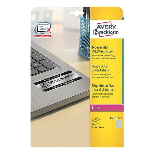 Paquete 20 hojas etiquetas plateadas de poliéster-impresoras láser-210×297 mm avery l6013-20