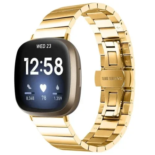 Para Fitbit Versa 4 / Sense 2 Correa de Reloj de Metal con Hebilla de Mariposa Universal (Oro)