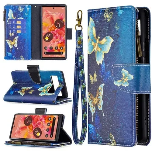 Para Google Pixel 6 Patrón de dibujo de color con cremallera con cremallera Horizontal Flip Funda de cuero con soporte y tragamonedas y billetera (mariposa de oro)
