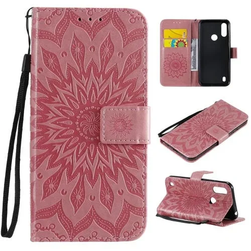 Para Motorola Moto E6s (2020) Impresión prensada Patrón de girasol Funda de cuero PU con tapa horizontal Soporte y ranuras para tarjetas y billetera y cordón (Rosa)