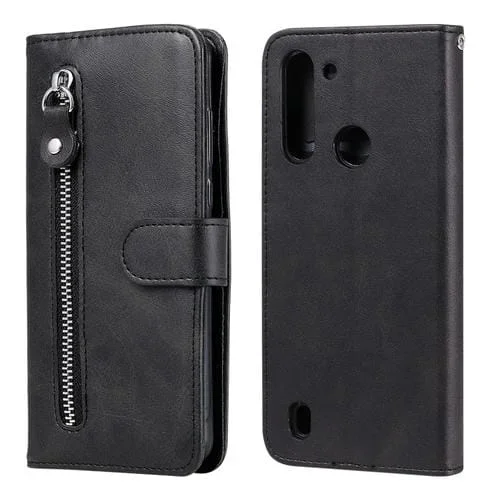Para Motorola Moto G8 Power Lite Fashion Becerro Textura Cremallera Funda de cuero con tapa horizontal con soporte y ranuras para tarjetas y función de billetera (Negro)