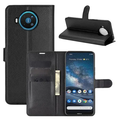 Para Nokia 8.3 5G Litchi Texture Funda protectora con tapa horizontal con soporte, ranuras para tarjetas y billetera (negro)