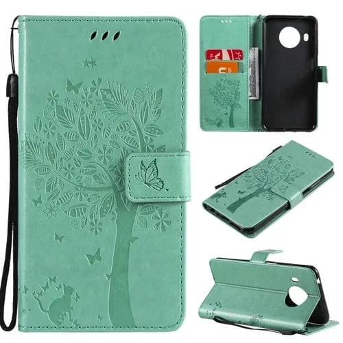 Para Nokia X10 Árbol y gato Patrón de impresión prensada Funda de cuero PU de la PU con soporte y tragamonedas y billetera y cordón (verde)