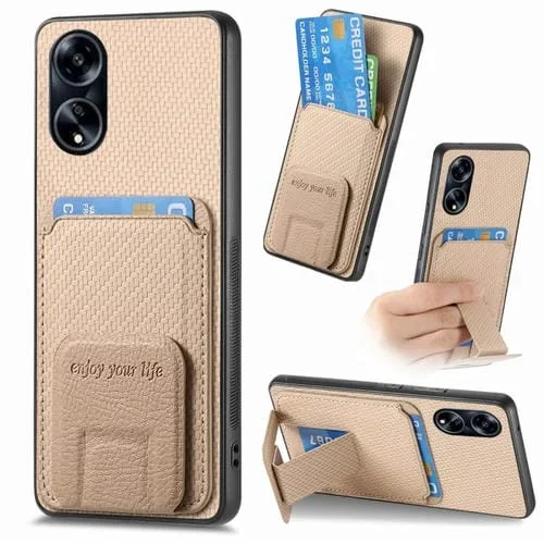 Para Oppo A1 5G Funda para Teléfono con Soporte Plegable y Bolsa para Tarjetas de Fibra de Carbono (Caqui)