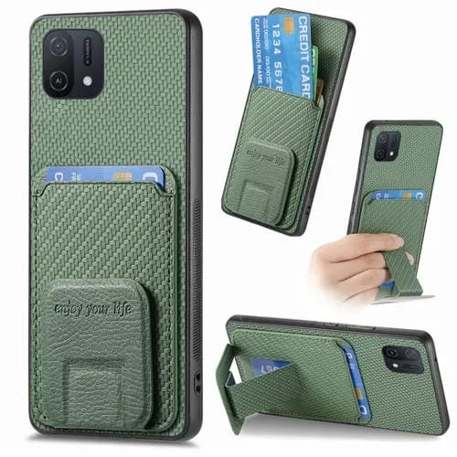 Para Oppo A16K Funda para Teléfono con Soporte Plegable y Bolsa para Tarjetas de Fibra de Carbono (Verde)