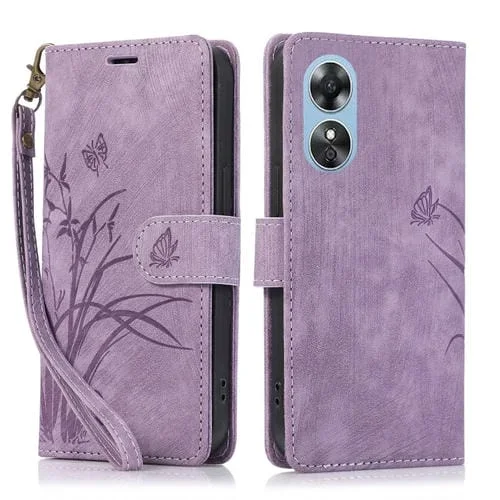 Para Oppo A17 / A17K Funda para Teléfono de Cuero con Relieve de Mariposa Orquídea (Púrpura)
