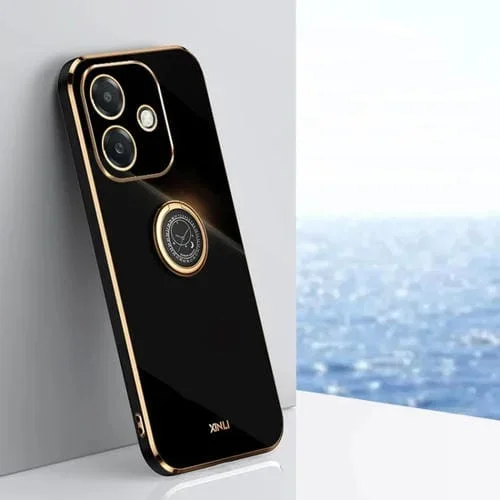 Para Oppo A3 5G India Xinli Funda de TPU a Prueba de Golpes con Borde Dorado y Revestimiento 6D Recto con Soporte para Anillo (Negro)