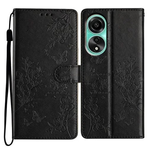 Para Oppo A38 4G / A18 Funda para Teléfono de Cuero con Relieve de Flor de Amor y Mariposa (Negro)